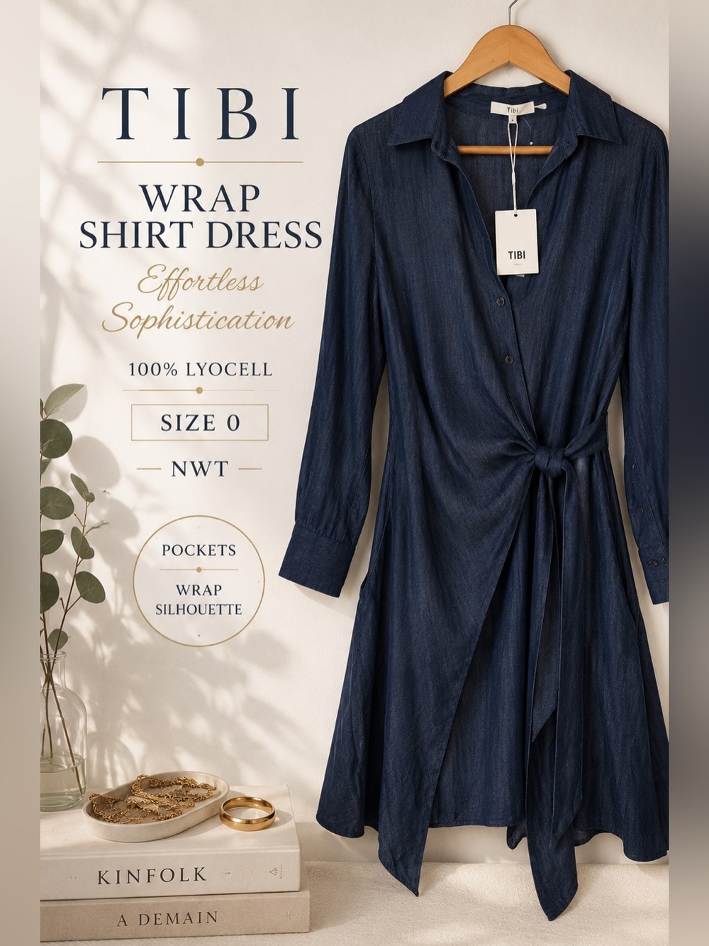 Tibi Lyocell Wrap Shirt Dress Dark Indigo Blue Size 0 NWT